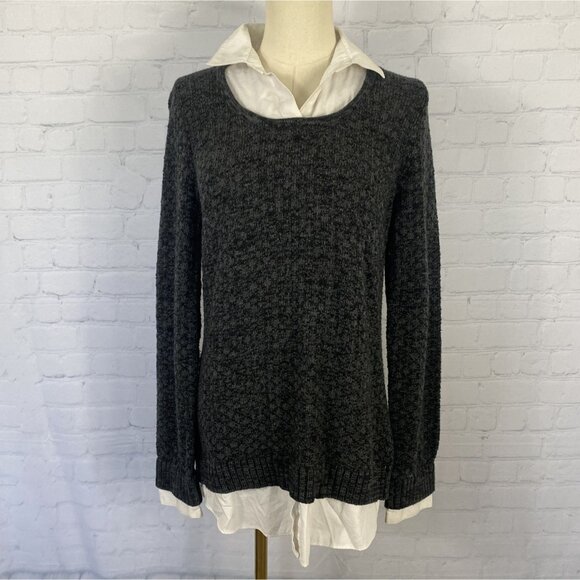 Ab Studio Large Grey Knit White Blouse Layered Sweater - Picture 1 of 8